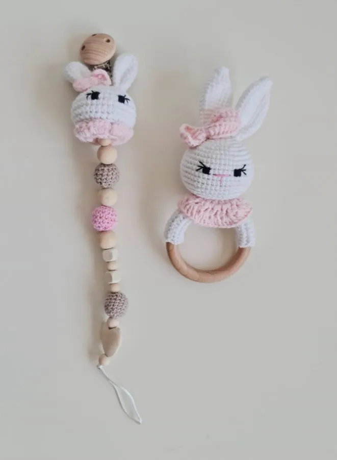 100% Cotton Handmade Crochet Baby Rattle and Pacifier Gift Set